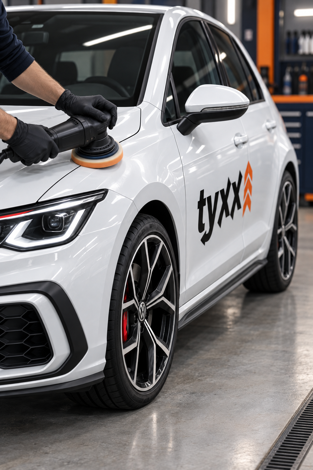 Escena ilustrativa de pulido sobre el auto blanco con el logo TYXX negro y naranja