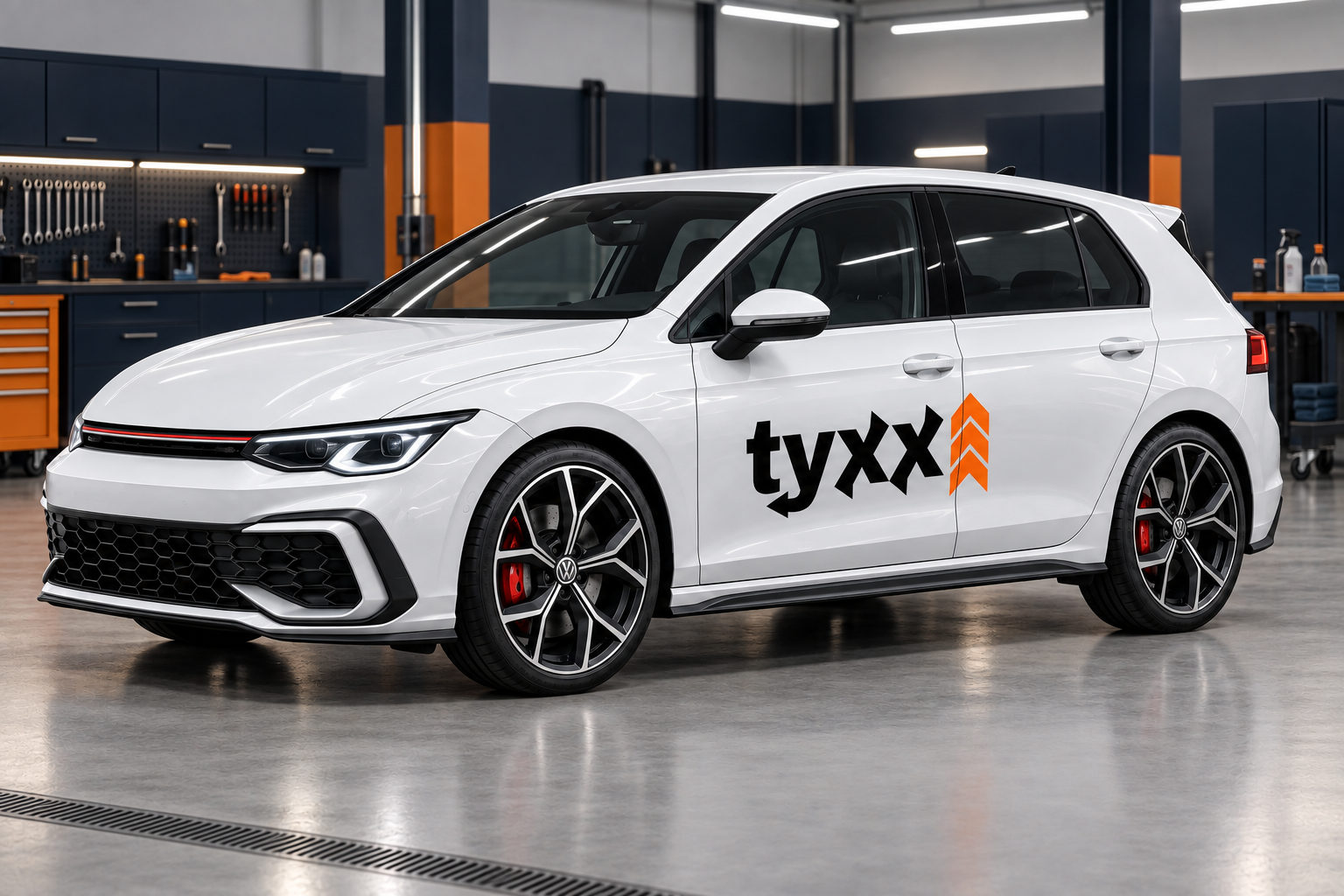 Escena ilustrativa del auto blanco TYXX en un taller con detalles naranja y azul