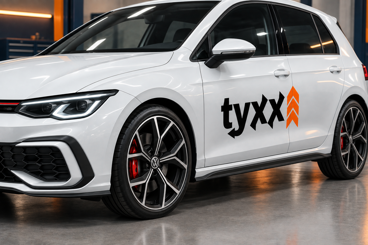 Detalle ilustrativo de la pintura blanca, las llantas y el logo TYXX del auto